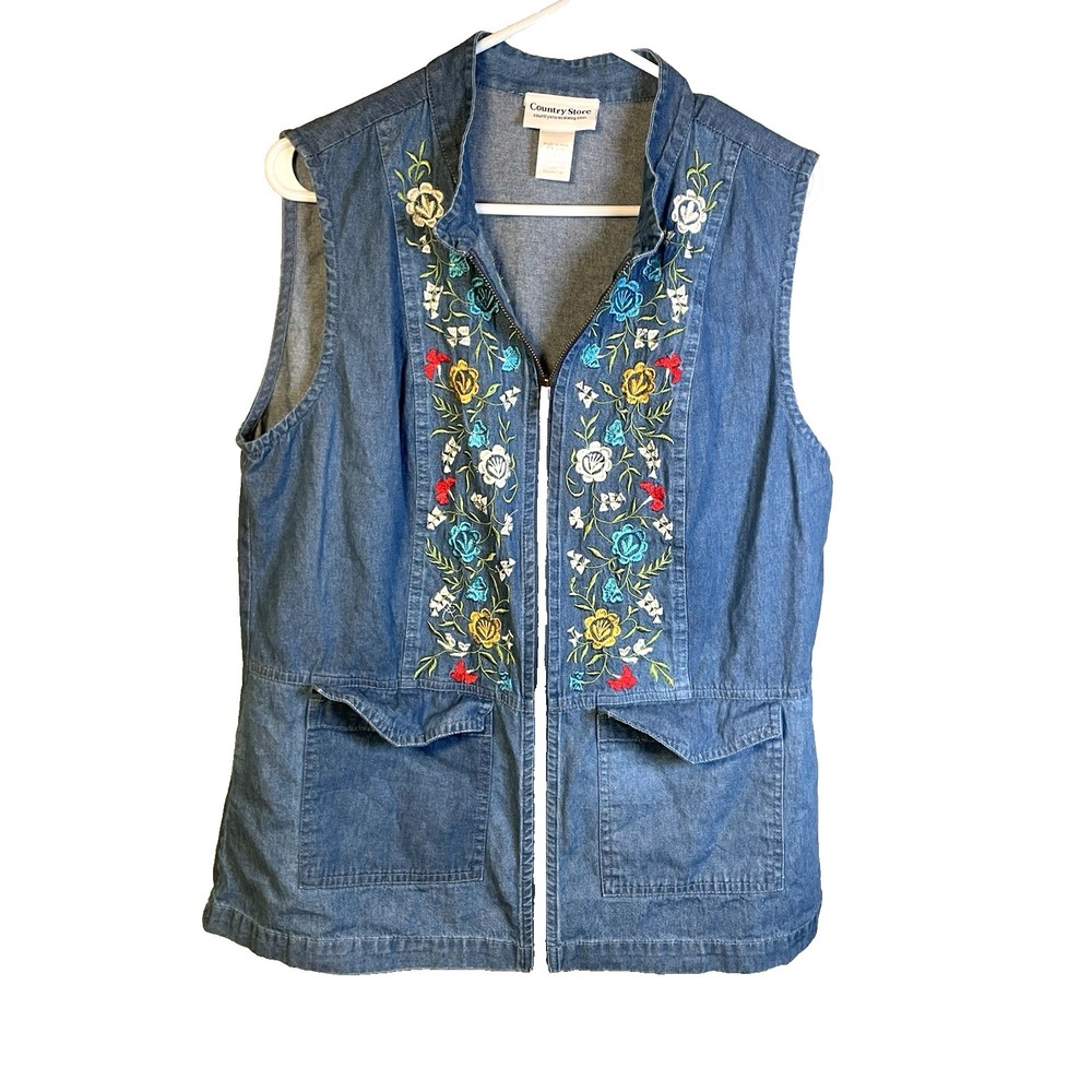 Women's Embroidered Floral Denim Vest Medium Zip Up Country Store Cottagecore